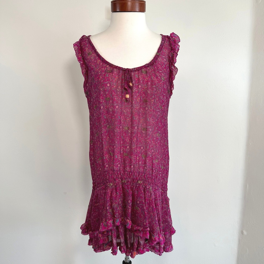 Indie Ella 100% Silk Tunic Dress Magenta‎ Paisley Ruffle Boho Gypsy Fairycore OS